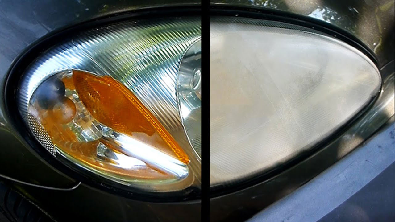 Showing an example of how a foggy headlight can be restored