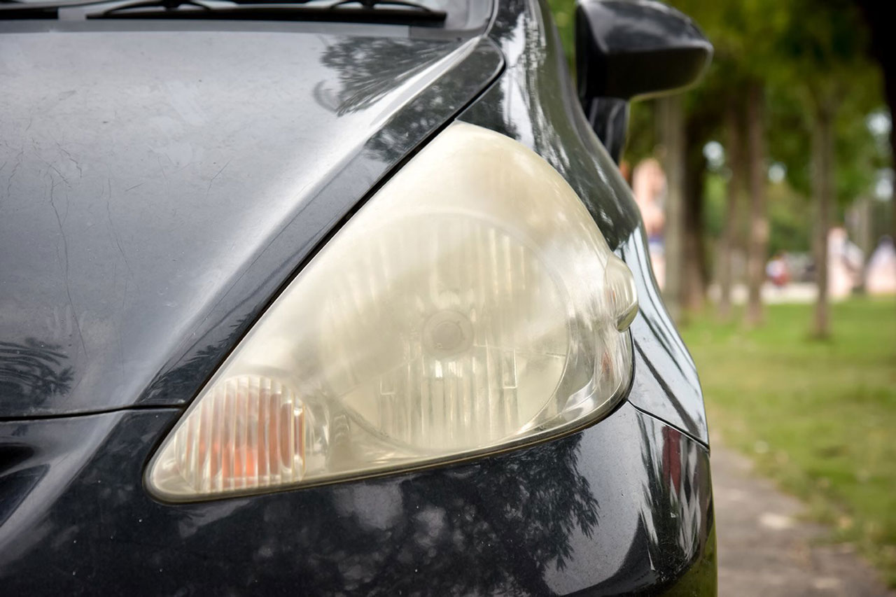 A yellowed headlight cover due to UV exposure