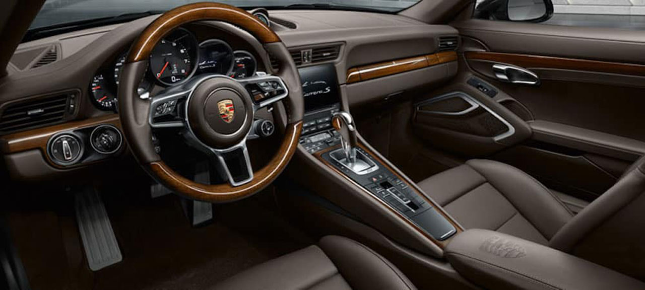 The leather interior of a luxury car.